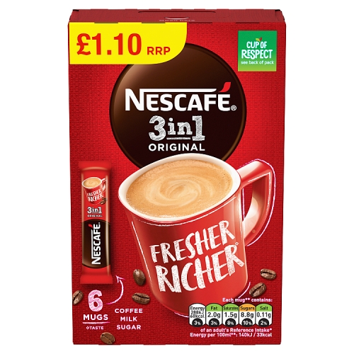 Nescafe 3in1 Original Instant Coffee 6 x 17g Sachets £1.10 PMP