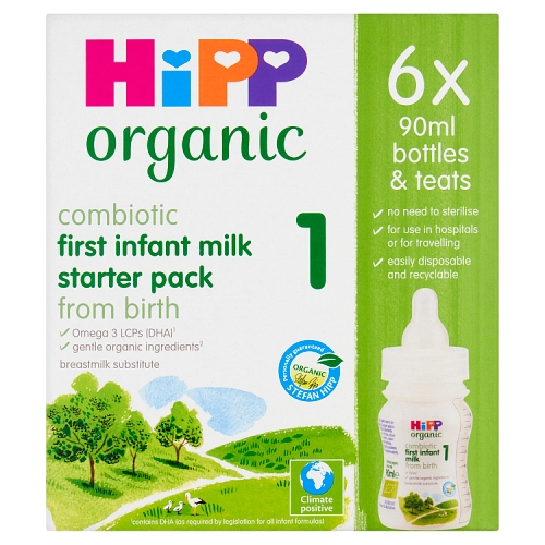 HiPP Organic 1 First Infant Baby Milk Ready to Feed Starter Pack, From Birth (6x90ml bottles).