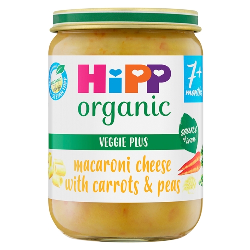 HiPP Organic Macaroni Cheese with Carrots & Peas Baby Food Jar 7+ Months 190g.