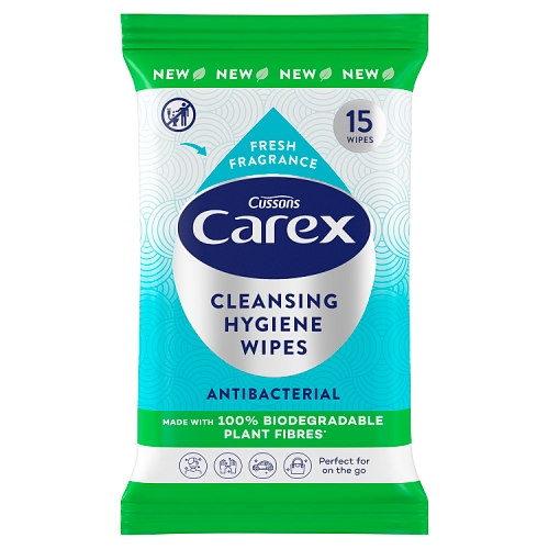 Carex Cleansing Hygiene Wipes Antibacterial Biodegradable Fibre 15 Wipes.