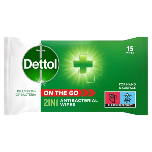 Dettol On the Go 2in1 Hand and Surface Antibacterial Wipes, 15 Wipes.