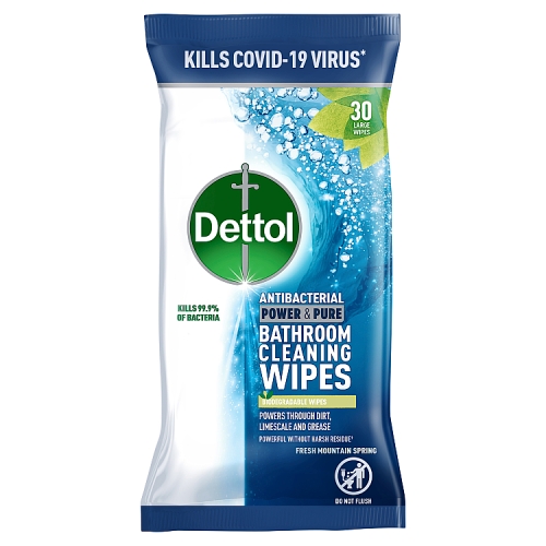 Dettol Antibacterial Power & Pure Bathroom Wipes, 30 Wipes.