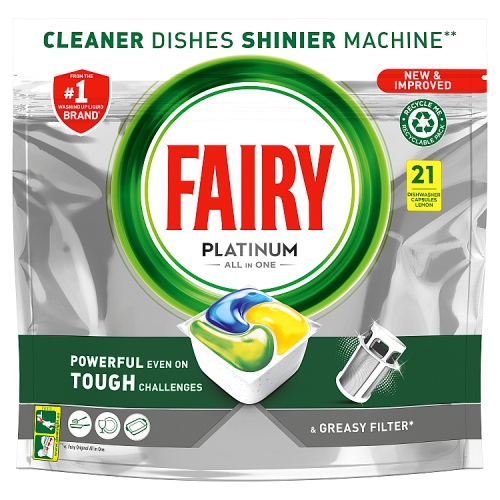 Fairy Platinum All In One Dishwasher Tablets, Lemon,21 Tablets.