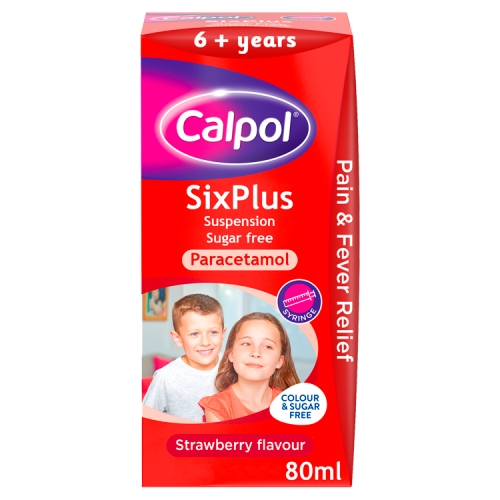 Calpol SixPlus Sugar Free Suspension, Paracetamol Medication, 6+ Years, Strawberry Flavour, 80ml.