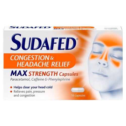 Sudafed Congestion & Headache Relief Max Strength Capsules 16 Capsules.