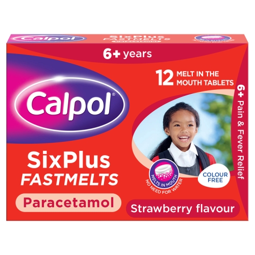 Calpol SixPlus Fastmelts Paracetamol Strawberry Flavour 6+ Years 12 Melt in the Mouth Tablets.
