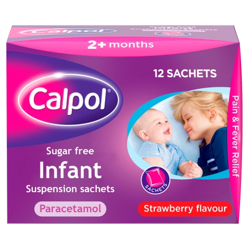 Calpol Sugar Free Infant Suspension Sachets Strawberry Flavour 2+ Months 12x5ml.