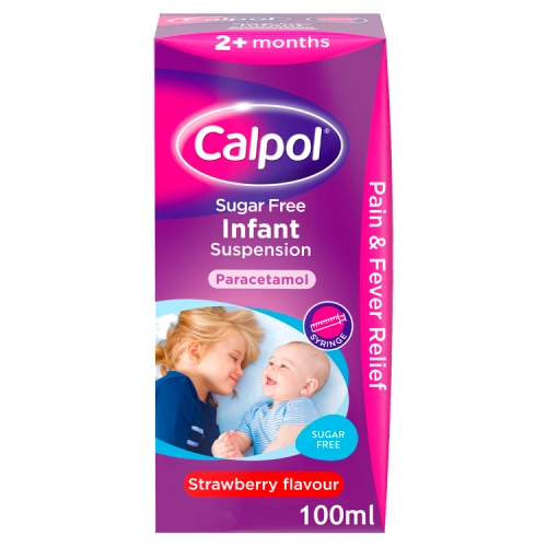 Calpol Sugar Free Infant Suspension, Paracetamol Medication, 2+ Months, Strawberry Flavour, 100ml