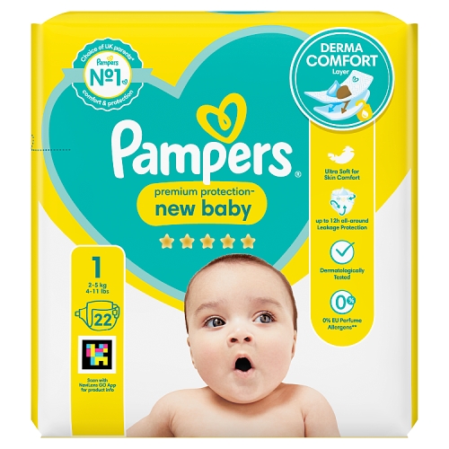 Pampers Premium Protection New Baby Size 1, 22 Nappies, 2kg-5kg, Carry Pack.