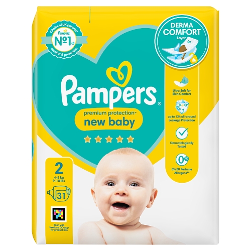 Pampers Premium Protection New Baby Size 2, 31 Nappies, 4kg-8kg, Carry Pack.
