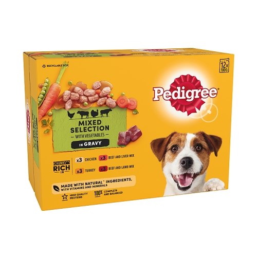 Pedigree Adult Wet Dog Food Pouches Mixed in Gravy 12x100g.