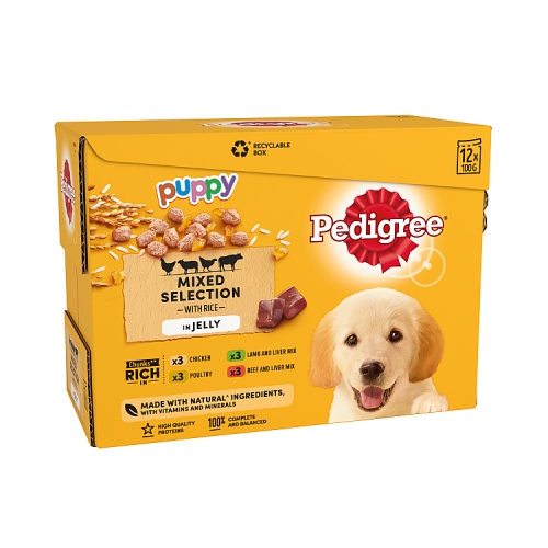 Pedigree Puppy Wet Dog Food Pouches Mixed in Jelly 12x100g.