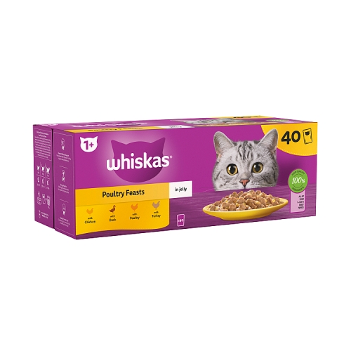 Whiskas 1+ Poultry Feasts Adult Wet Cat Food Pouches in Jelly 40x85g.