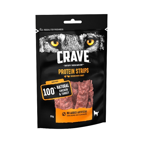 Crave Natural Grain Free Protein Strip Adult Dog Treat Turkey & Chicken 55g.
