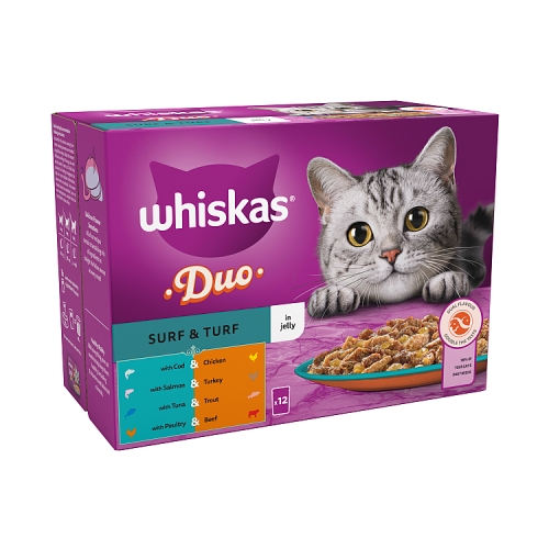 Whiskas 1+ Duo Surf and Turf Adult Wet Cat Food Pouches in Jelly 12x85g.