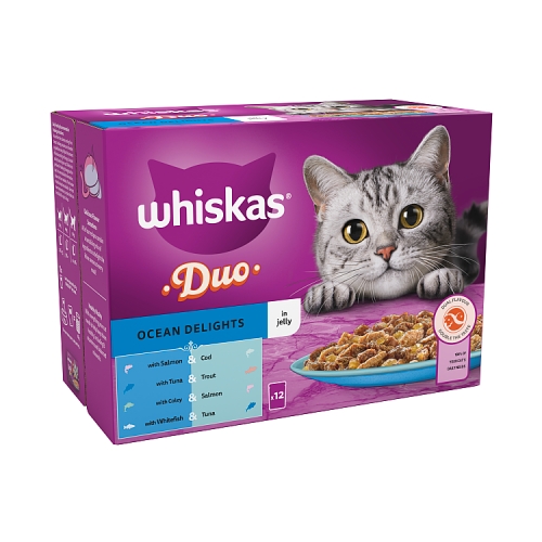 Whiskas 1+ Duo Ocean Delights Adult Wet Cat Food Pouches in Jelly 12x85g.
