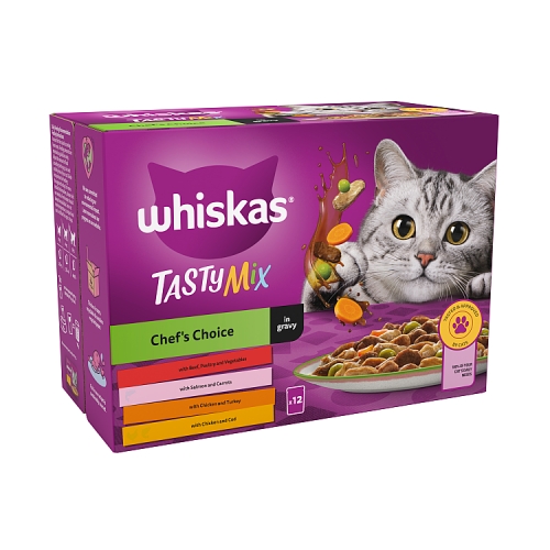 Whiskas 1+ Chef’s Choice Mix Adult Wet Cat Food Pouches in Gravy 12x85g.