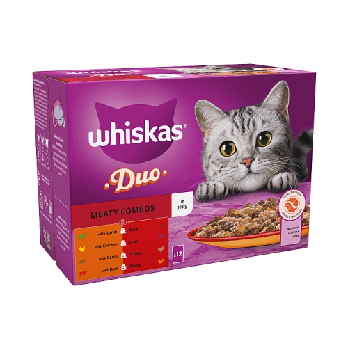 Whiskas 1+ Duo Meaty Combos Adult Wet Cat Food Pouches in Jelly 12x85g.