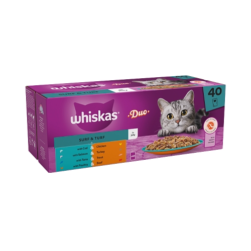 Whiskas 1+ Duo Surf and Turf Adult Wet Cat Food Pouches in Jelly 40x85g.