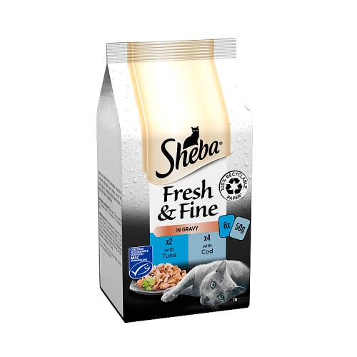 Sheba Fresh & Fine Wet Cat Food Pouches Tuna & Cod in Gravy 6x50g.