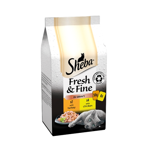 Sheba Fresh & Fine Wet Cat Food Pouches Chicken & Turkey in Gravy 6x50g.