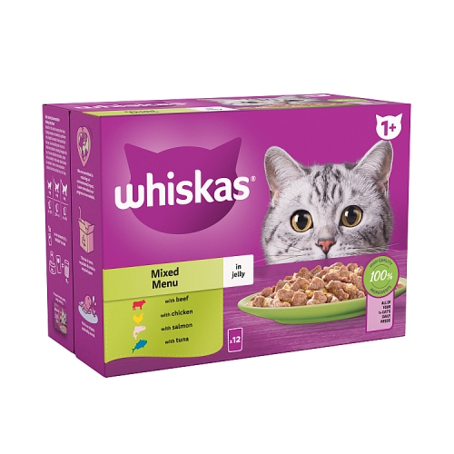 Whiskas 1+ Mixed Menu Adult Wet Cat Food Pouches in Jelly 12x85g.