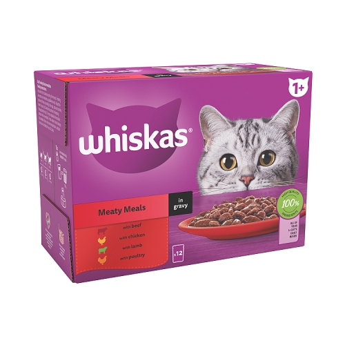 Whiskas 1+ Meaty Meals Adult Wet Cat Food Pouches in Gravy 12x85g.