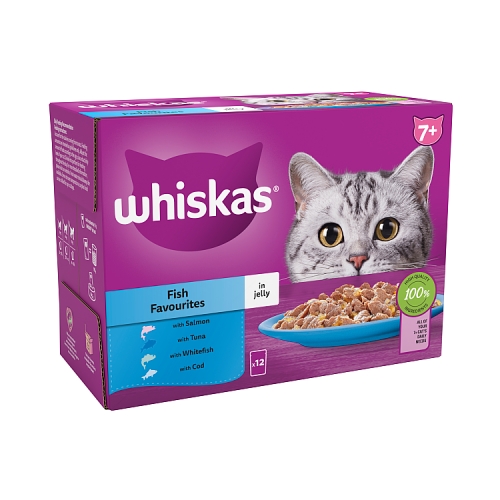 Whiskas 7+ Fish Favourites Senior Wet Cat Food Pouches in Jelly 12x85g.