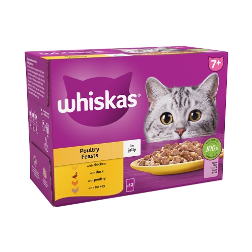 Whiskas 7+ Poultry Feasts Senior Wet Cat Food Pouches in Jelly 12x85g.