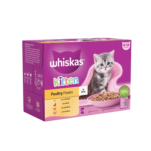 Whiskas Kitten Poultry Feasts Wet Cat Food Pouches in Jelly 12x85g.