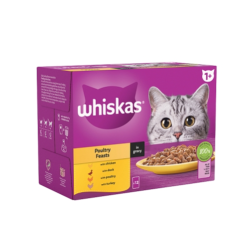 Whiskas 1+ Poultry Feasts Adult Wet Cat Food Pouches in Gravy 12x85g.