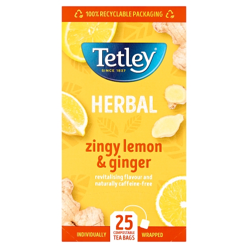 Tetley Herbal Zingy Lemon & Ginger 25 Compostable Tea Bags 50g.