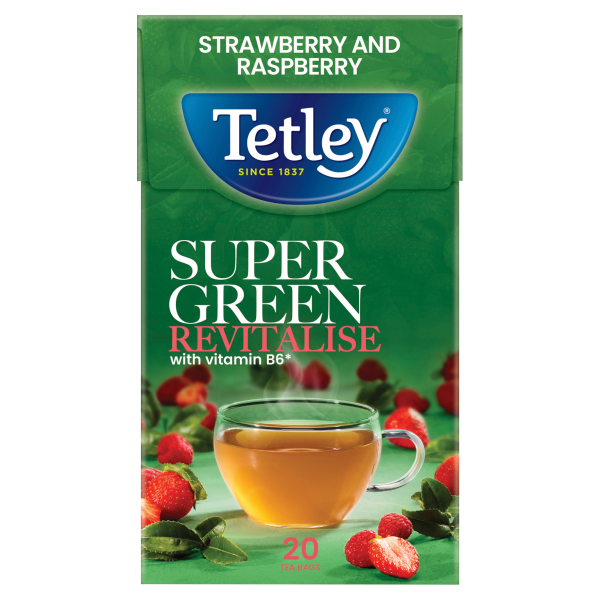 Tetley Super Green Revitalise Strawberry and Raspberry 20 Tea Bags 40g.