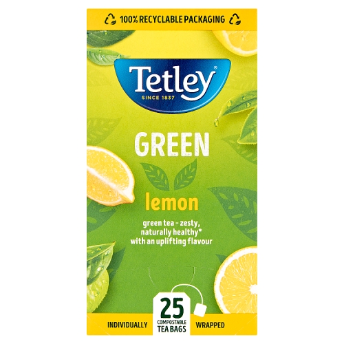 Tetley Green Lemon 25 Compostable Tea Bags 50g.