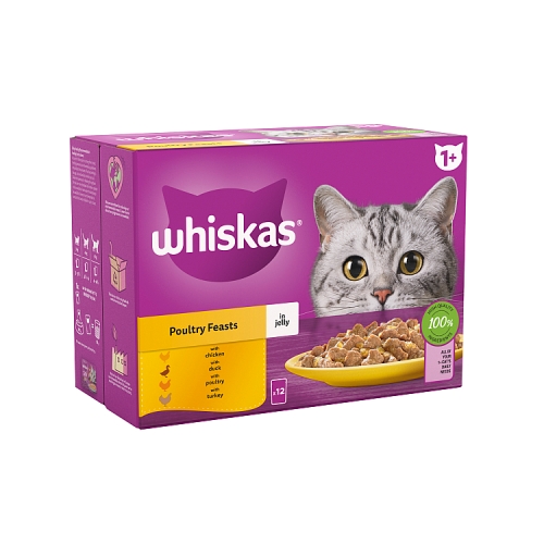 Whiskas 1+ Poultry Feasts Adult Wet Cat Food Pouches in Jelly 12x85g.