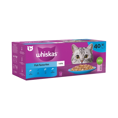 Whiskas 1+ Fish Favourites Adult Wet Cat Food Pouches in Jelly 40x85g.